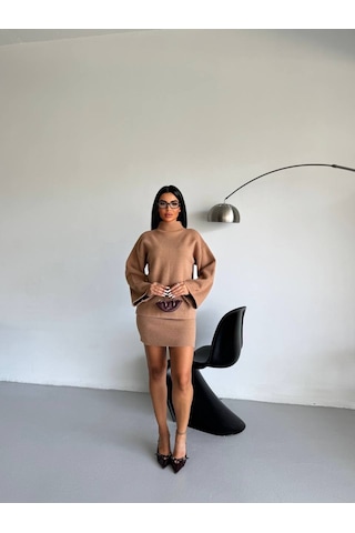 Duygudan Sakal İp Triko Takım Net Siluet, Güçlü Duruş-camel - Kahverengi Çok Renkli
