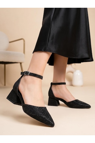 Nesilshoes Nesil Shoes Ermod 301 Siyah Simli Topuklu Kadın Ayakkabı