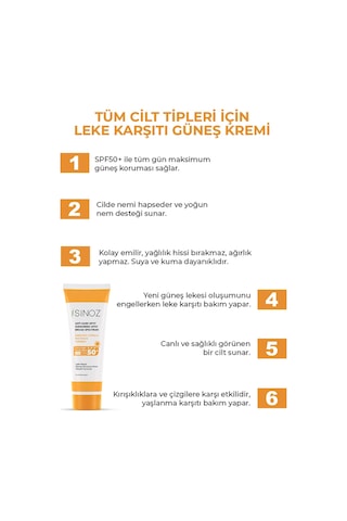 Sinoz Leke Karşıtı Yüksek Koruyucu Normal ve Kuru Ciltler İçin Yüz Güneş Kremi SPF50+ 50 ML