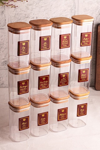 Snippy Boxy - 12'li Ahşap Vakumlu Kapaklı Etiketli Baharatlık Takımı 350 Ml - Erzak Saklama Kabı Seti Ahşap