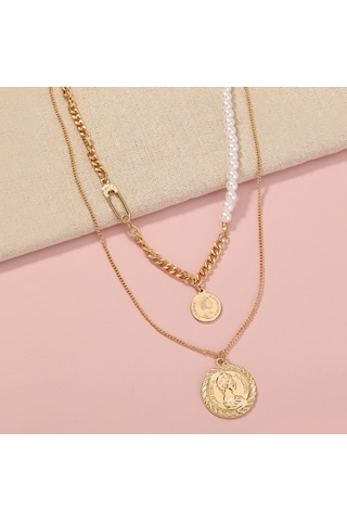 Chavin 2 Katmanlı Antik Para Gold Alloy Kadın Zincir Kolye En28 Altın