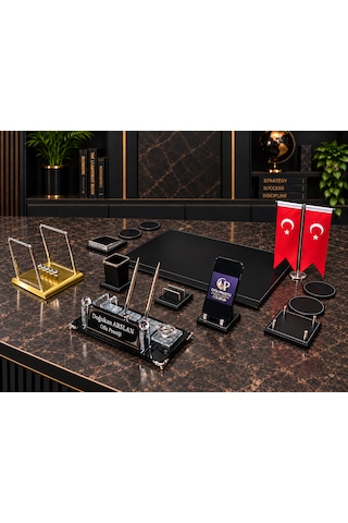 Ofis Prestij 13 Parça Gold Denge Toplu Kristal Kişiye Özel İsimlik Ve Sümen Seti Gold - Siyah