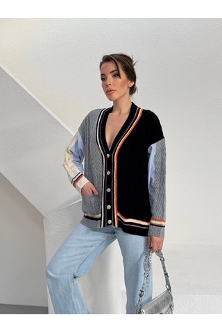 Kadın Çok Renkli Triko V Yaka Düğmeli Oversize Hırka Gri