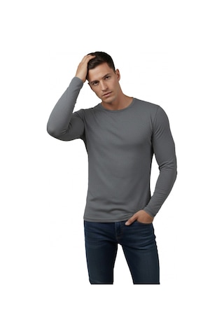 Deep Sea Deepsea Antrasit Dar Kalıp Likralı %90 Pamuk Erkek Sweatshirt Vücuda Oturan İnce Penye Sweat 2300423