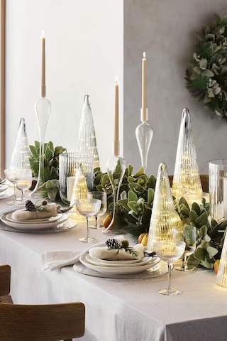 Crate & Barrel Ribbed Clear Glass Christmas Trees Set 3 Modern Cam Ağaçlar Yılbaşı Dekorları Şeffaf