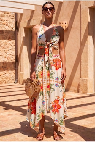 Fashion Cocktail Island Girl Vintage Bağlamalı Tropikal Halter Yaka Büstiyer Ve Cepli Asimetrik Mendil Etek Yazlık Bohem Boho Set Takım ekru