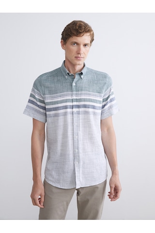 Lcwaıkıkı Classic Yeşil Regular Fit Kısa Kollu Çizgili Armürlü Erkek Gömlek