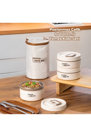 Porsima 25013 Vakumlu 3 Parça Çelik Lunch Box Sefer Tası Çantalı Krem