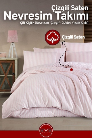 Saten Çizgili Çift Kişilik Lüks Nevresim Takımı Set 200x200 Cm Pembe