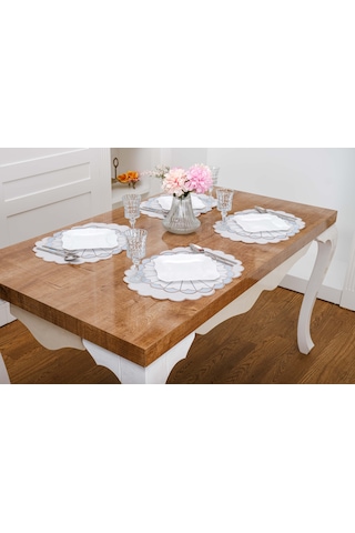 Finezza Mila Nakışlı Keten Efekt Kumaş Krem Mavi A.Servis 345x45 cm 4 Ad.-1394 Krem