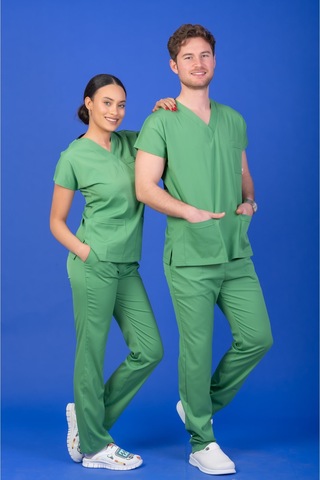 Tek Üst Unisex Kalıp Fıstık Yeşili Likralı Hemşire / Doktor Forması Scrubs Yeşil
