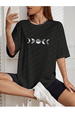 Moon Phase T-shirt - Siyah Baskılı Oversize Bisiklet Yaka Kısa Kol SIYAH