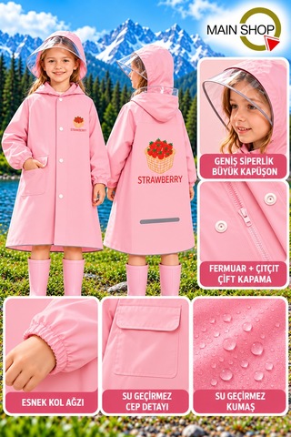 Mainshop Şeffaf Siperlikli Çıtçıtlı Ve Fermuarlı Taşıma Çantalı 4 Renk Çocuk Yağmurluk 7-8 Yaş M - L Pembe