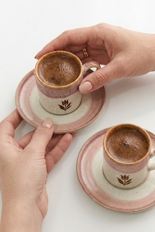 Modern Tasarım 2 Kişilik 4 Parça Porselen Kahve Fincanı Seti - Lale Desenli - Pembe Ve Krem Geçişli Pembe