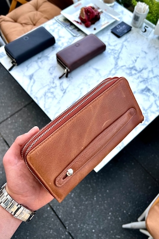 Tigan Unisex Antik Taba Çift Fermuarlı Hakiki Deri Telefon Cüzdanı El Çantası Taba