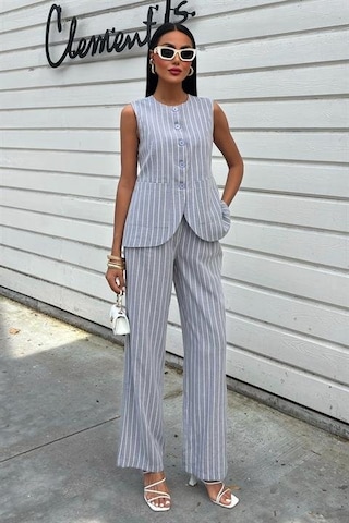 Çizgili Viscon Keten Yelekli Rahat Takım 10121 Gri