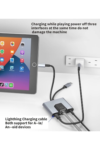 3 İn 1 Lightning & Type-c Ethernet Adaptörü Rj45, Aux, Şarj Desteği