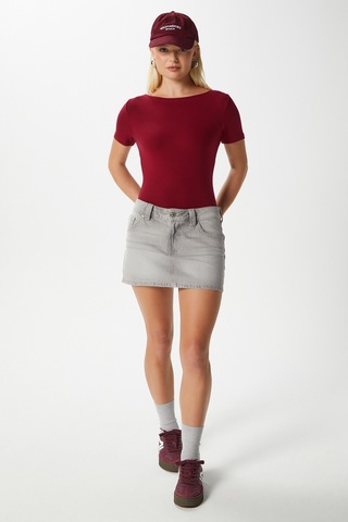 Ritnice Kadın Velvet Kayık Yaka Lux Touch Yumuşak Doku Kısa Kol Bordo Bluz Bordo