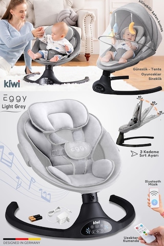 Kiwi Eggy Plus Elektrikli Otomatik Sallanan Bebek Ana Kucağı, 5 Farklı Sallanma Hızı, Oyuncaklı, Açık Gri