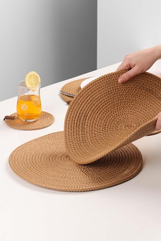 6 Adet Jüt Supla / Amerikan Servis Lux Sunum Tabak Altlığı, Sunum Supla Çeyiz Takımı Örgü Tabak Altı Yanmaz Bej