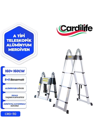 Cardilife 160 Cm+160cm 5+5 Basamaklı A Tipi Açılır Tip Alüminyum Teleskopik Merdiven 5+5