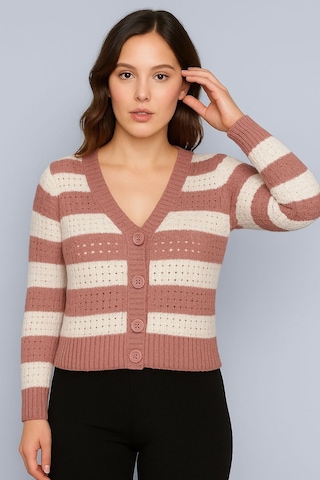 Hira Life Fashion Kadın Önü Düğmeli Ve Çift Renkli Triko Hırka Gül-beyaz Gül-beyaz