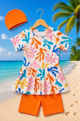 My Kids Wear Kız Çocuk Desenli Şortlu Bone Li Mayo Takımı 12873 Beyaz - Turuncu