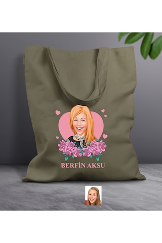 Bk Gift Kişiye Özel Anneler Günü Karikatürlü Haki Kumaş Bez Çanta, Baskılı Omuz Çantası, Alışveriş Çantası, Anneye Hediye-2 Haki