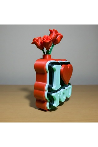 I Love You Yazılı Güllü Dekoratif Figür - Sevgililer Günü Özel Hediyelik 3d Pla Masaüstü Obje 10,6x9,7 Cm