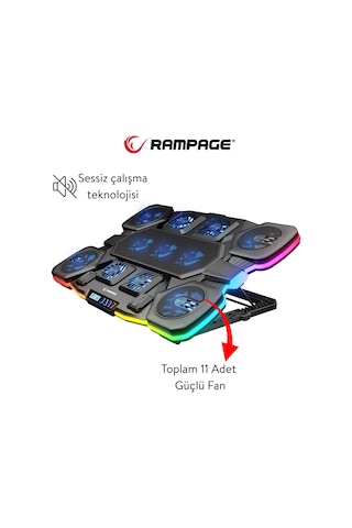 Rampage S50 Glacier Rgb Işıklı 11 Fanlı Lcd Göstergeli 1 Type C 1 Usb Girişli Yükselebilen Notebook Soğutucu