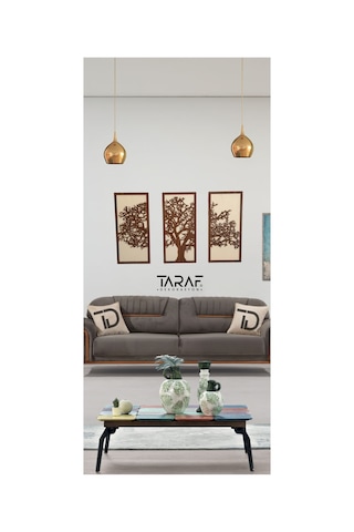 3 Parça Ağaç Tablo Lazer Kesim Dekoratif Tablo 42x62 Krem Ceviz