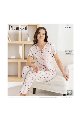 Pijamoni Bayan Transferli Ribana Kısakol Pijama Takım 1850 Beyaz