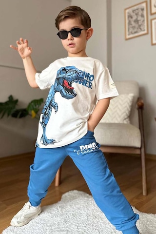Riccotarz Erkek Çocuk Dinazor Digital Baskı Ve Yazı Detaylı T-shirt Mavi Eşofman Takım Buz Mavi