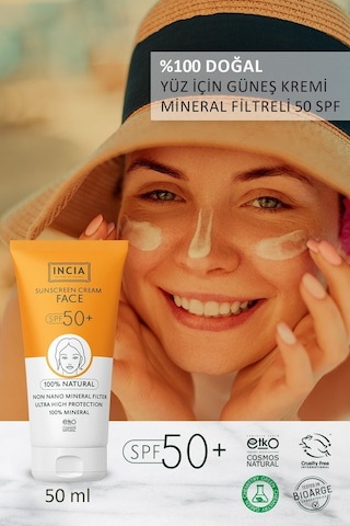 INCIA %100 Doğal Yüz Güneş Kremi Leke Karşıtı Mineral Filtreli Yüksek Koruma SPF 50+ UVA UVB 50 ML