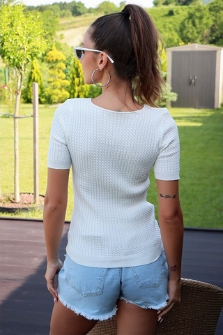 V Yaka Kısa Kol Bluz Beyaz-Beyaz