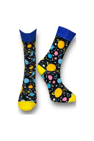 5'li Unısex Uzay Temalı Gezegen Ve Roket Tasarımlı Esnek Nem Alabilen Pamuklu Spor Soket Çoraplar Çok Renkli