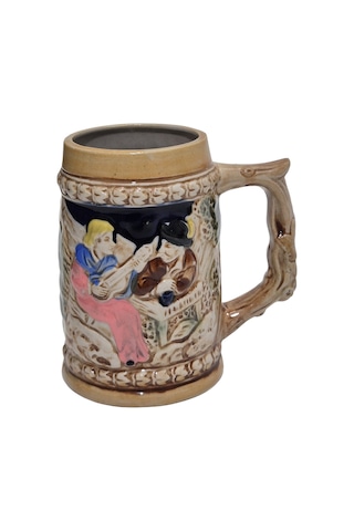 Vintage Tankart Kabartmalı İnsan Ve Doğa Tasfirli Alman Seramik Bira Bardağı 11,8cm 004