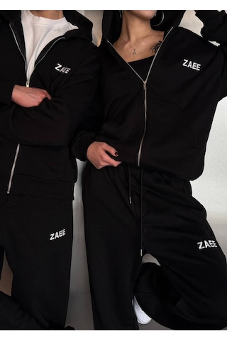 Zaee İnce Kumaş Nakışlı Oversize Premium Zip Hoodie siyah