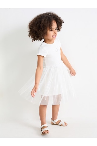 Önü Taşlı Tüllü Kız Çocuk Elbise Beyaz