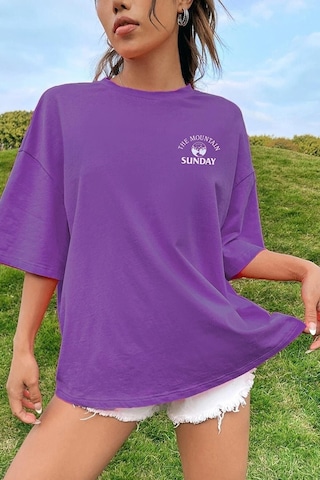 Sunday Mountain T-shirt - Mor Baskılı Oversize Bisiklet Yaka Kısa Kol Tişört Mor