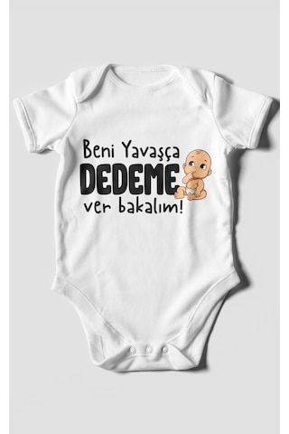 Morivokids Beni Yavaşça Dedeme Ver Bakalım Kısa Kollu Bebek Body %100 Pamuk Beyaz