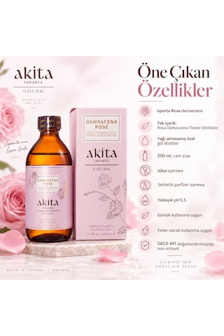 Akita Doğal Yağı Alınmamış Gül Suyu Cam Şişe 3 x 200 ML
