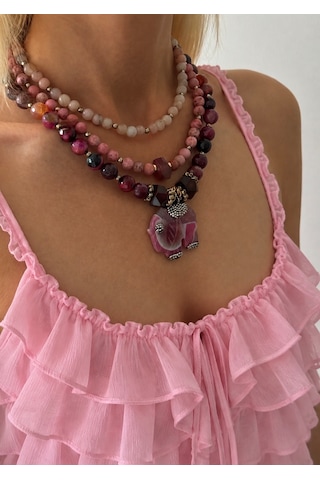 El Yapımı Pembe Opal, Rodonit & Pembe Akik Doğal Taş Kolye Seti