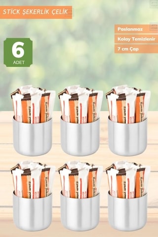 6 Lı Set Şeker Kabı Paslanmaz Stick Şekerlik Çelik İnox 7 Cm Metalik Gri