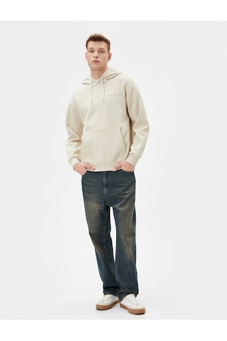 Koton Arkası Baskılı Hoodie Oversize Sloganlı Kanguru Cep Detaylı Bej 4wam70455mk Ekru