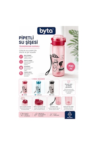 700 Ml Pipetli Matara Su Şişesi Kilitli Kapaklı, Askılı, Sızdırmaz, Bpa İçermez Pembe