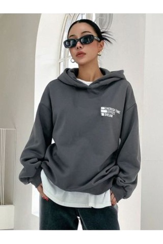Clayes Effect Sweatshirt - Füme Baskılı Oversize Kapüşonlu Gri