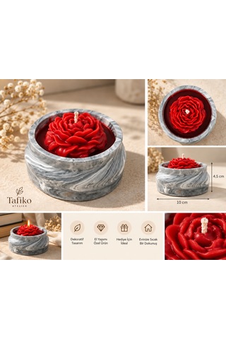 Tafiko Atelier Dekoratif Çiçekli El Yapımı Mum Kırmızı - Siyah