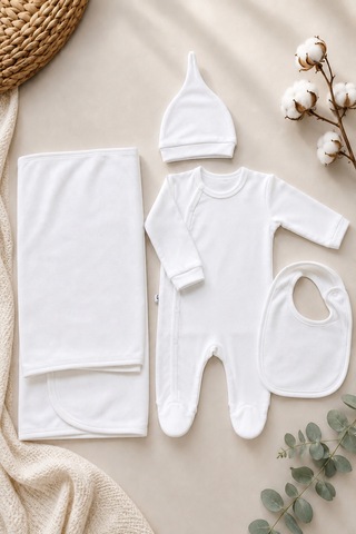 Babyhola Yenidoğan Bebek 4'lü Set Patikli Tulum Bere Önlük Battaniye 7069 Ekru