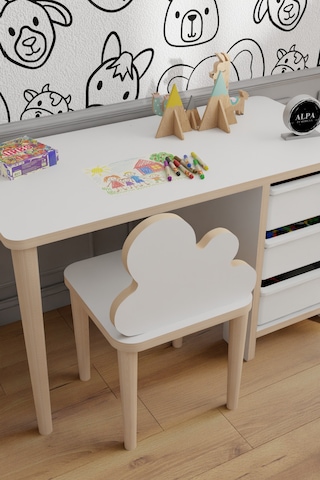 3 Sepetli Çocuk Masa Sandalye Takımı, Yaz Sil Aktivite Masası, Bulut Tasarımlı Sandalye, Ergonomik Masa